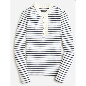 J.Crew‎ Ruffle Collar Striped Ribbed Long Sleeve Top Ivory Small Preppy Nautical